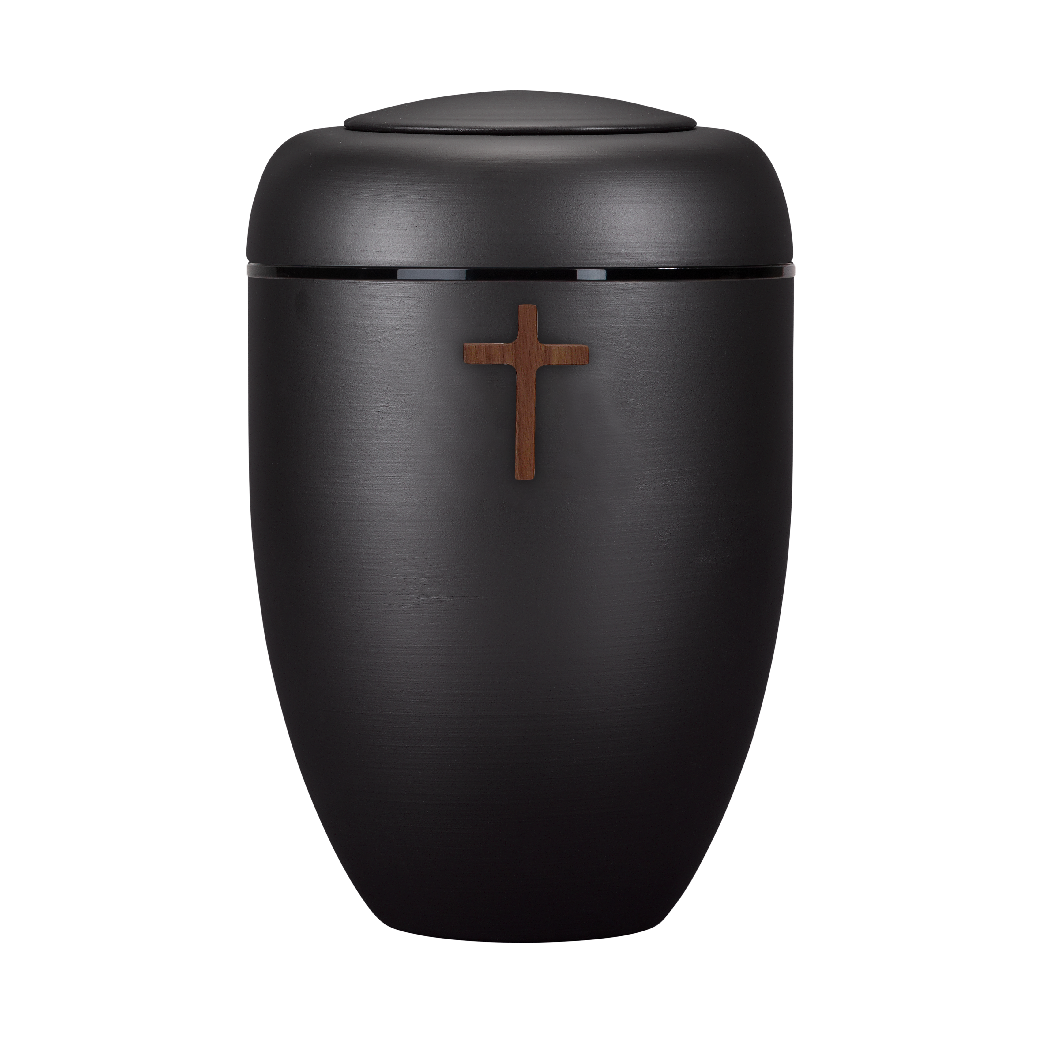 Schwarze Symbol-Urne mit Holzkreuz und schwarzer Plexiglasscheibe